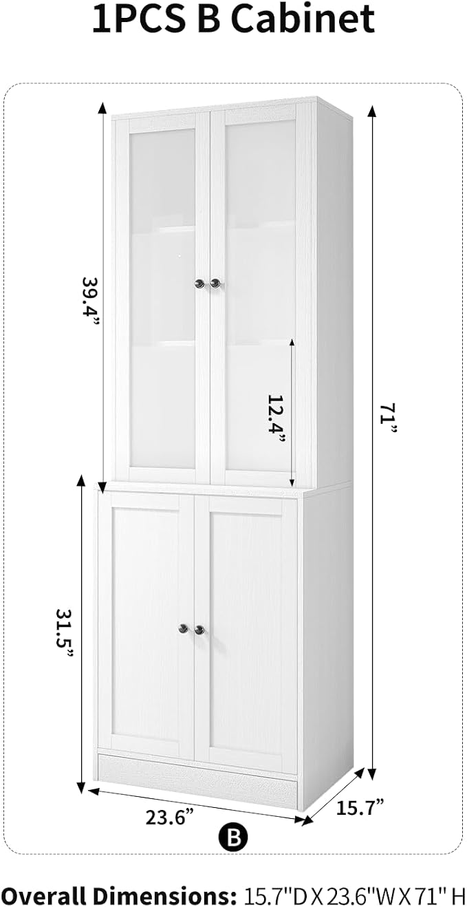 TUSY 71'' Bookshelf with Doors - 5 Tier Freestanding Tall Bookcase, Modern Storage Cabinet for Home Office, Curio Cabinets with Glass Door for Living Room(1, White)