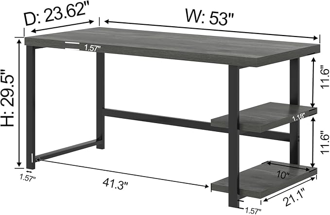 EXCEFUR Industrial Computer Desk, Home Office Desk with Storage Shelves, Wood Study Writing Table for Bedroom, Living Room, Grey, 53 Inch