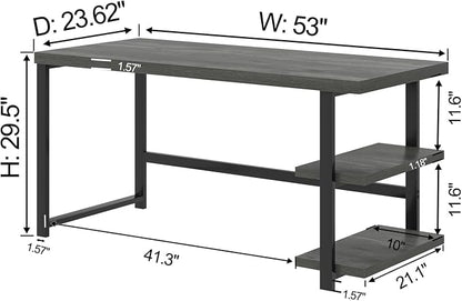 EXCEFUR Industrial Computer Desk, Home Office Desk with Storage Shelves, Wood Study Writing Table for Bedroom, Living Room, Grey, 53 Inch
