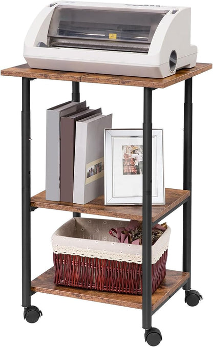 HOOBRO Printer Stand, 3-Tier Industrial Under Desk Printer Cart with Shelf, Mobile Heavy Duty Storage Rack on Wheels for Home, Office Rustic Brown and Black BF03PS01G1