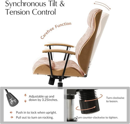 HULALA HOME Solid Wood Office Chair with Tilt Function, Mid Century Modern Bentwood Desk Chair with High Backrest, Height Adjustable Swivel Fabric Computer Task Chair, Spice