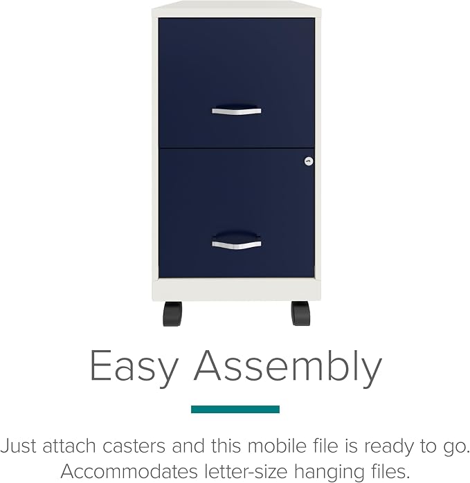 Space Solutions - 2 Drawer Fully Assembled Vertical Steel File Cabinet, Home & Small Office Use, Fits Under Most Desks, Letter-Size, Lock, Mobile, Pearl White/Navy