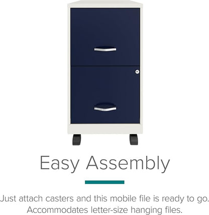 Space Solutions - 2 Drawer Fully Assembled Vertical Steel File Cabinet, Home & Small Office Use, Fits Under Most Desks, Letter-Size, Lock, Mobile, Pearl White/Navy