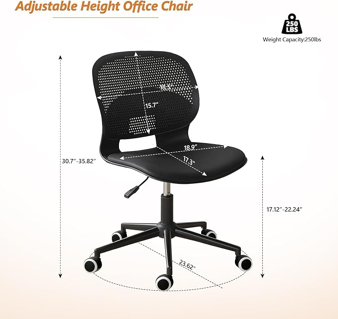 Home Office Chair, Armless Mid-Back Computer Desk Chair with Breathable Backrest and Padded Cushion, Height Adjustable Swivel Ergonomic Task Chair for Home, Work, Study