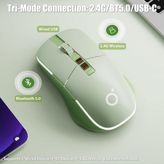 Wireless Gaming Mouse Tri-Mode 2.4Ghz/Bluetooth 5.0/Wired USB-C with RGB LED Backlit 5-Level DPI Rechargeable Ergonomic Silent Optical Mice for iMac/MacBook/Computer/Laptop, Matcha Green