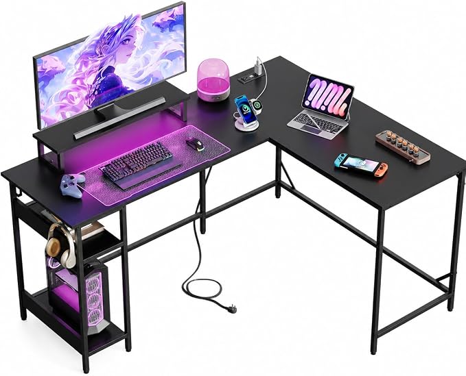 DEVAISE Spacious 55" L Shaped Gaming Desk with LED Lights and Power Outlets - Reversible Corner Computer Table with Monitor Stand and Storage Shelves for Work and Gaming, Black