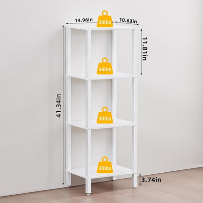 YUFAM 4 Tier Tall Wooden Bookshelf with Storage - Small White Bookcase for Small Spaces, Shelf for Living Room, Office, Bedroom, Kitchen - Industrial Modern Book Shelf