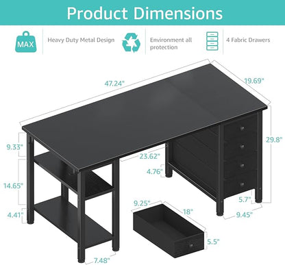 Lufeiya Gaming Desk with 4 Fabric Drawers & Storage Shelves, 47 inch Computer Writing Work Study Desk for Home Office Bedroom, Modern Simple Student PC Desks Table, Black