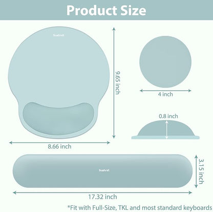 Sushret Mouse Pad and Keyboard Wrist Rest, 3-in-1 Gel Memory Foam Ergonomic Mouse Pad with Wrist Rest Set, Gaming Mousepad Arm Cushion Support for Computer Office Desk Accessories Cute, Seafoam Blue