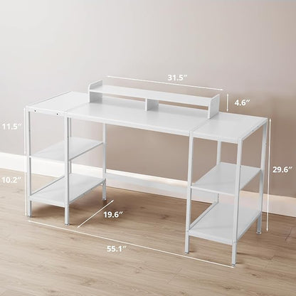 MINOSYS Computer Desk 55-inch with Storage Shelf - White Ideal Gaming Desk for Bedrooms, Small Spaces, and Home Offices Modern Writing Desk for PCs.