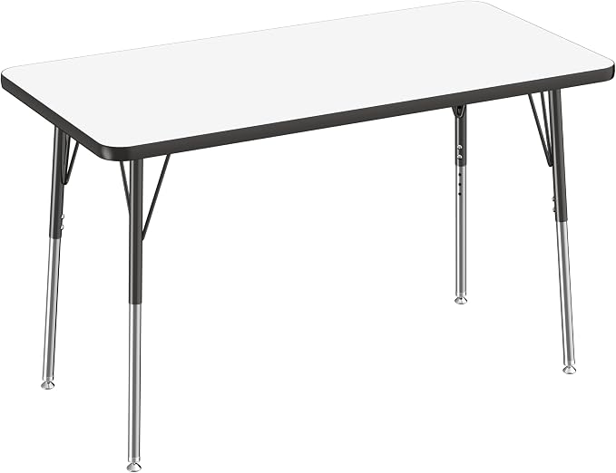 FDP Dry-Erase Rectangle Activity School and Office Table (24 x 48 inch), Standard Legs with Swivel Glides, Adjustable Height 19-30 inches; Quick Ship Single Box - Whiteboard Top and Black Edge