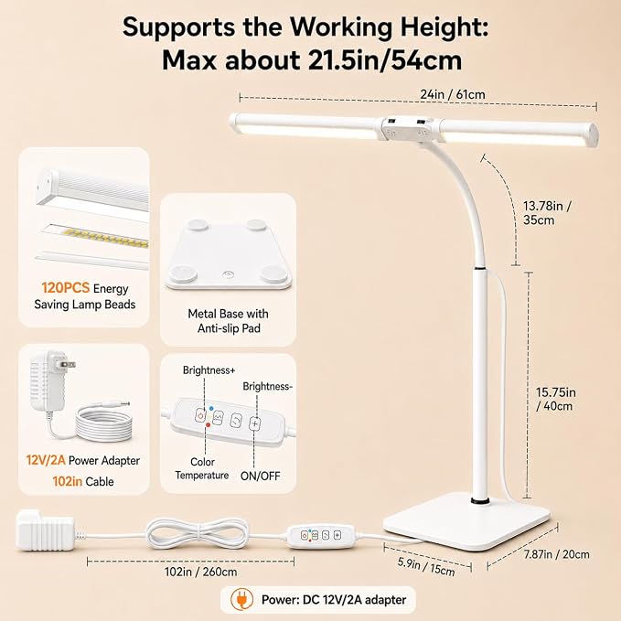 24" Double Head LED Desk Lamp, 15W Wide Architect Desk Light with Base for Home Office, Smart Memory, 360° Flexible Gooseneck Task Lamp, 3 Colors 10 Brightness Tall Monitor Light,White