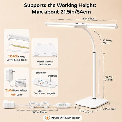 24" Double Head LED Desk Lamp, 15W Wide Architect Desk Light with Base for Home Office, Smart Memory, 360° Flexible Gooseneck Task Lamp, 3 Colors 10 Brightness Tall Monitor Light,White