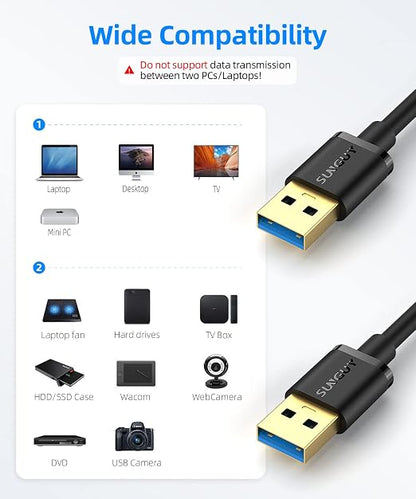 SUNGUY USB to USB Cable 3FT, USB 3.0 Type A Male to Type A Male Cable Data Transfer up to 5Gbps Compatible with Printers, Modems, Hard Drives, Monitor, Camera, Wacom, DVD, Hub