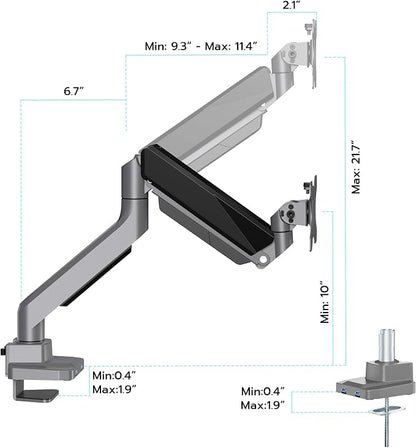ARES WING Single Monitor Arm, Heavy Duty Adjustable Monitor Arm for 13"-49" Screens with USB, Gas Spring Desk Mount Stand with C Clamp/Grommet Mounting Base up to 40lbs Computer, Gray