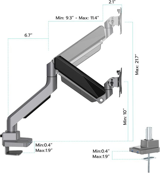 ARES WING Single Monitor Arm, Heavy Duty Adjustable Monitor Arm for 13"-49" Screens with USB, Gas Spring Desk Mount Stand with C Clamp/Grommet Mounting Base up to 40lbs Computer, Gray