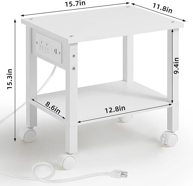 YUFAM 2 Tier Under Desk Printer Stand with Storage, Small Printer Table with Charging Station, Rolling Printer Cart Shelf with Lockable Wheels for Home, Office (White)