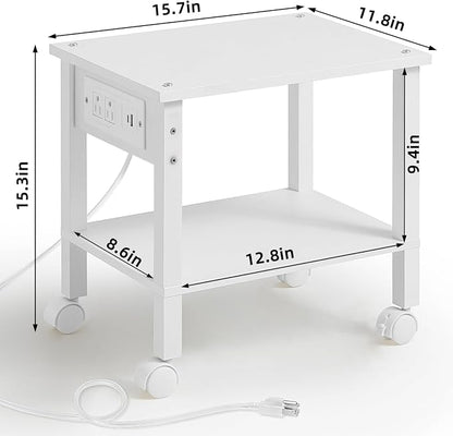 YUFAM 2 Tier Under Desk Printer Stand with Storage, Small Printer Table with Charging Station, Rolling Printer Cart Shelf with Lockable Wheels for Home, Office (White)