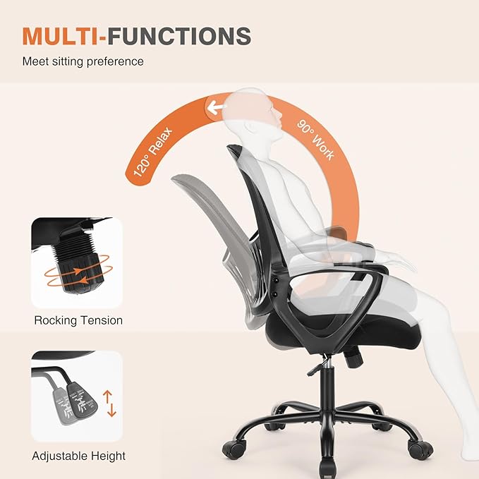 Sweetcrispy Home Office Managerial Executive Chair with Ergonomic Design, Mid-Back Mesh 360° Swivel, Comfortable Lumbar Support, Comfy Arms for Bedroom,Study,Student, Black