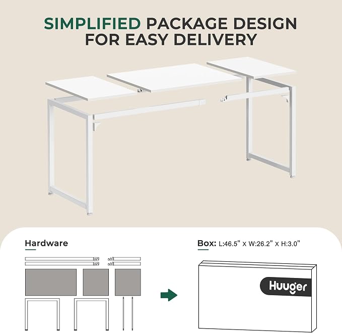 Huuger Computer Desk, 63 Inch Office Desk, Gaming Desk with Storage, Writing Desk Work Desk for Home Office, Study, Modern Simple Desk, Large Legroom, Metal Frame, White