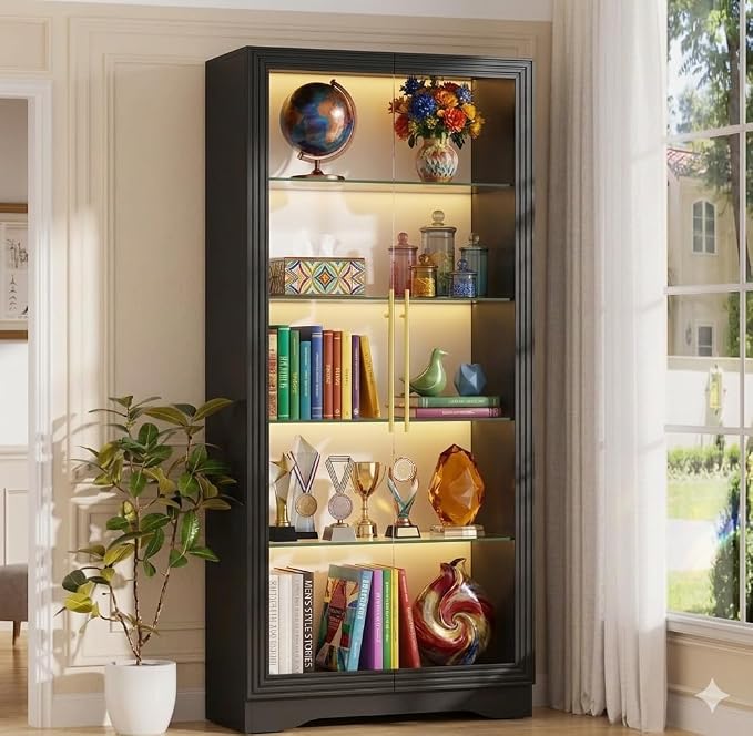 Vlsrka LED Display Cabinet with Glass Doors, Modern Storage Cabinet with 5 Tier Adjustable Shelves, Human Sensor, for Collectibles, 65" Tall Bookcase for Home Office Living Room, Black