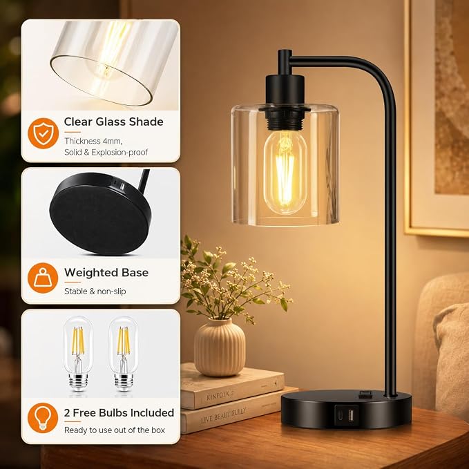 Set of 2 Industrial Touch Control Table Lamps with USB C+A Ports and AC Outlet - 3-Way Dimmable Black Bedside Lamps Nightstand Desk Lamps for Bedroom Living Room, Glass Shade & 2 LED Bulbs Included