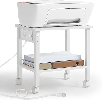 YUFAM 2 Tier Under Desk Printer Stand with Storage, Small Printer Table with Charging Station, Rolling Printer Cart Shelf with Lockable Wheels for Home, Office (White)