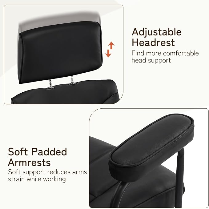 Furniliving Leather Office Chair with Adjustable Headrest, Mid-Century Modern High-Back Office Desk Chair, Ergonomic Computer Chair with Wheels, Armrests, Lumbar Support, Black