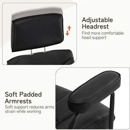 Furniliving Leather Office Chair with Adjustable Headrest, Mid-Century Modern High-Back Office Desk Chair, Ergonomic Computer Chair with Wheels, Armrests, Lumbar Support, Black