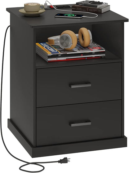 Hasuit Night Stand with Charging Station, Large Nightstand with Storage Drawers and Open Cubby, Black Bedside Side End Table for Home Office, Wider Tabletop 19.0'' x 15.0''
