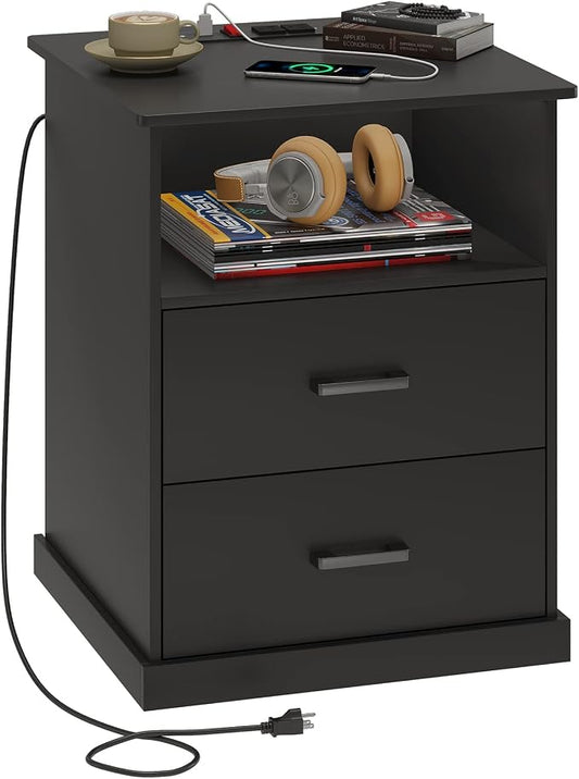 Hasuit Night Stand with Charging Station, Large Nightstand with Storage Drawers and Open Cubby, Black Bedside Side End Table for Home Office, Wider Tabletop 19.0'' x 15.0''