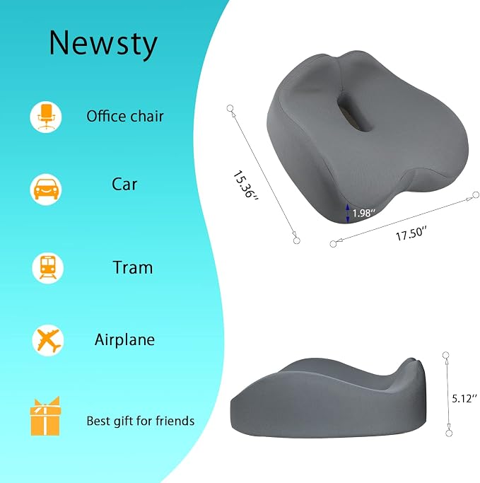 Chair Seat Cushion, Memory Foam Cushions for Office Chair, Car Seat, Airplane, Relieving Pressure Tailbone Sciatica Back Pain for Long Sitting Office Workers, Car Drivers（Grey）