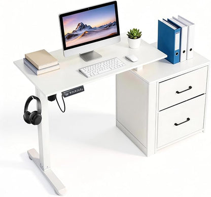 NORTHSKY Small Electric Standing Desk with Drawers, 32 x 18 Inches Sit Stand Desk with Storage, Height Adjustable Small Computer Desk, 3 Memory Preset, 1 Hook, Cable Management, White