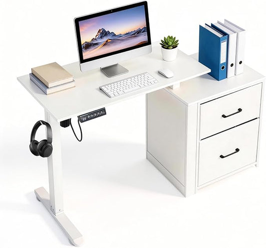 NORTHSKY Small Electric Standing Desk with Drawers, 32 x 18 Inches Sit Stand Desk with Storage, Height Adjustable Small Computer Desk, 3 Memory Preset, 1 Hook, Cable Management, White