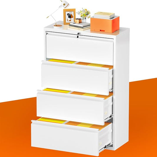 INTERGREAT 4 Drawer File Cabinet, Metal Lateral Filing Cabinet for Home Office, Locking Horizontal File Cabinets for Hanging Files Letter/Legal/F4/A4 (White)