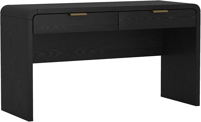 Manhattan Comfort Grace 54" Modern Office Desk with 2 Drawers, Wood Table with Metal Recessed Handles for Work from Home, Study, Craft, Stylish Executive Desk, Black and Gold
