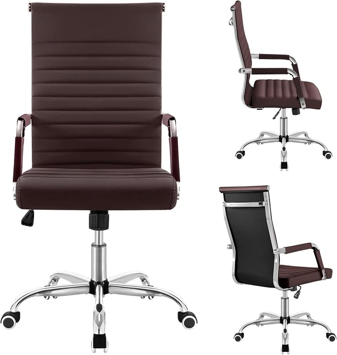 Shahoo Ribbed Office Chair, Mid-Back PU Leather Office Chair Executive Task Chair with 360° Swivel Wheels for Conference Room, Home Offices (Brown)