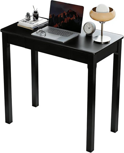 Solid Wood Desk with Drawers - 32 x 16 Inch Simple Narrow Desks, Rubber Wood Study Table, Small Writing Desk for Bedroom|Small Spaces - Modern Black Desks