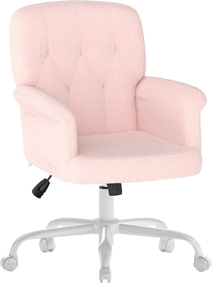 Comfy Home Office Desk Chair, Upholstered Fuzzy Vanity Chair with Wheels and Arms, Modern Adjustable Swivel Computer Seat for Make Up, Home Office, Living Room, Bedroom, Teddy Fleece, Pink