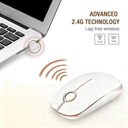 Unipows Wireless Mouse - 2.4G Slim Portable Computer Mouse with Nano Receiver, Less Noise Mobile Optical Mice for Notebook, PC, Laptop, Computer, Mac (White Gold)