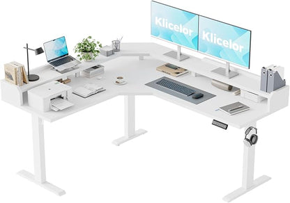 Klicelor L Shaped Electric Standing Desk 63 x 55 inch with Shelf, Height Adjustable Corner Desk, Sit Stand Desk with Storage Shelf, Home Office Computer Table, White