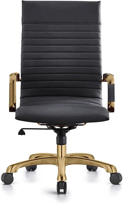 LeisureMod Harris High-Back Task Office Chair - Modern Leather Upholstery with Gold Frame, Ribbed Design 360 Degree Adjustable Swivel for Home, Office, and Study Room