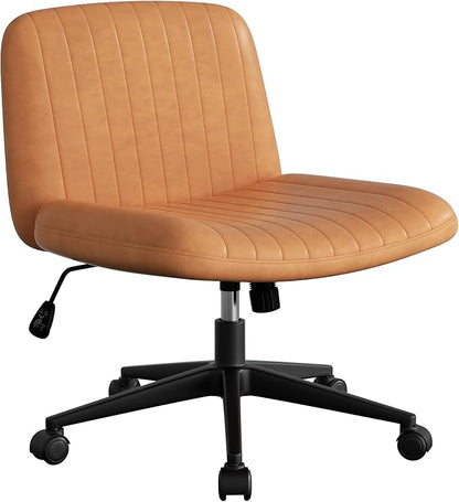 SUNLEI Cross Legged Office Chair with Wheels, Armless Wide Chair's for Vanity Desk, Criss Cross Comfy Chairs with Back, Desk Chair/s of Height Adjustable Swivel, Orange & Leather