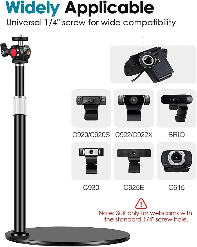 Webcam Tripod Stand for Desk: Webcam Stand for Logitech Brio | C920 | C922 | C615 | C930e - Height & Angle Adjustable Desktop Tripod for Light & 1/4" Thread for Live Streaming | Video Calling