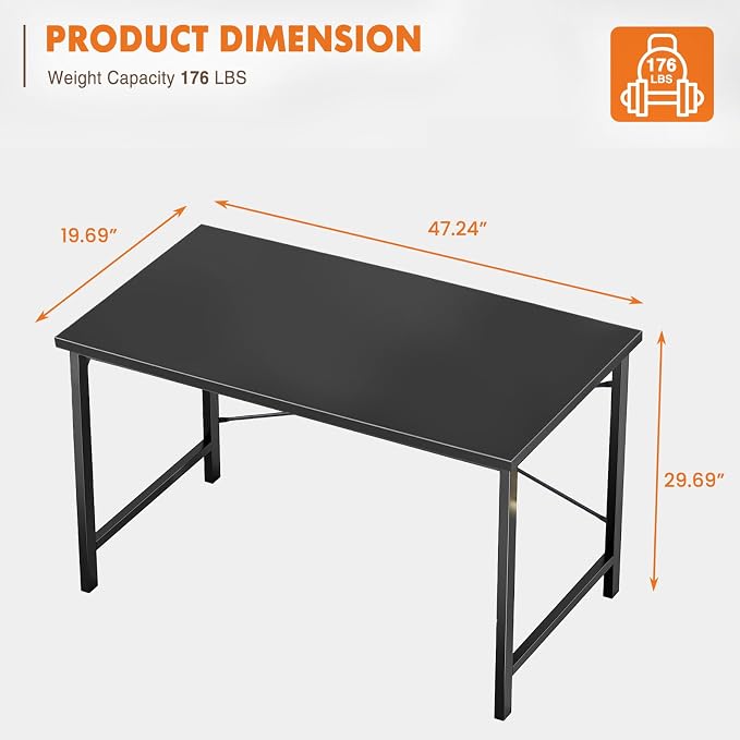 Sweetcrispy Small Computer Desk, 47" Office Writing Desk with Metal Frame & Wooden Top, X-Shaped Reinforcement, Student Study Workstation for Home Bedroom, Black