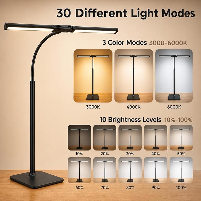 24" Double Head LED Desk Lamp, 15W Wide Architect Desk Light with Base for Home Office, 360° Flexible Gooseneck Task Lamp, 3 Color Modes, 10 Brightness Levels, Memory Function, Black