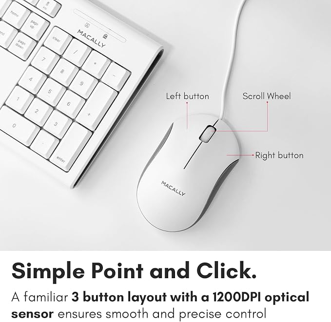 Macally Full Size USB Wired Mac Keyboard and Mouse Combo - Compatible Ergonomic Apple Keyboard and Mouse with Shortcuts and Number Keypad for Mac mini Pro, iMac Computer, MacBook Pro Air Laptops