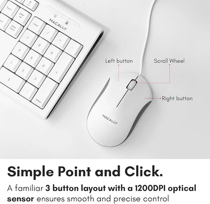 Macally Full Size USB Wired Mac Keyboard and Mouse Combo - Compatible Ergonomic Apple Keyboard and Mouse with Shortcuts and Number Keypad for Mac mini Pro, iMac Computer, MacBook Pro Air Laptops