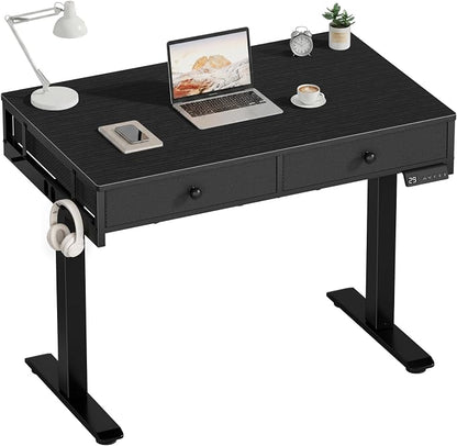 KLUVIS Black Adjustable Desk with Storage, 39 Inch Small Black Desk with Drawers, Small Space Stand Up Computer Desks for Home Office Bedroom, Sit Stand Work Desks for Walking Pad