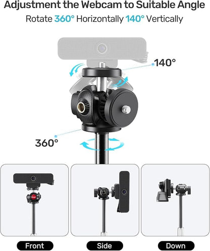 Webcam Tripod Stand for Desk, Newly Upgraded Small Base & 360° Ballhead & Height Adjustable, Ideal for Logitech Webcam C922 C930e C920 C615 C960 BRIO 4K NexiGo N60, Phone Holder with 1/4" Thread